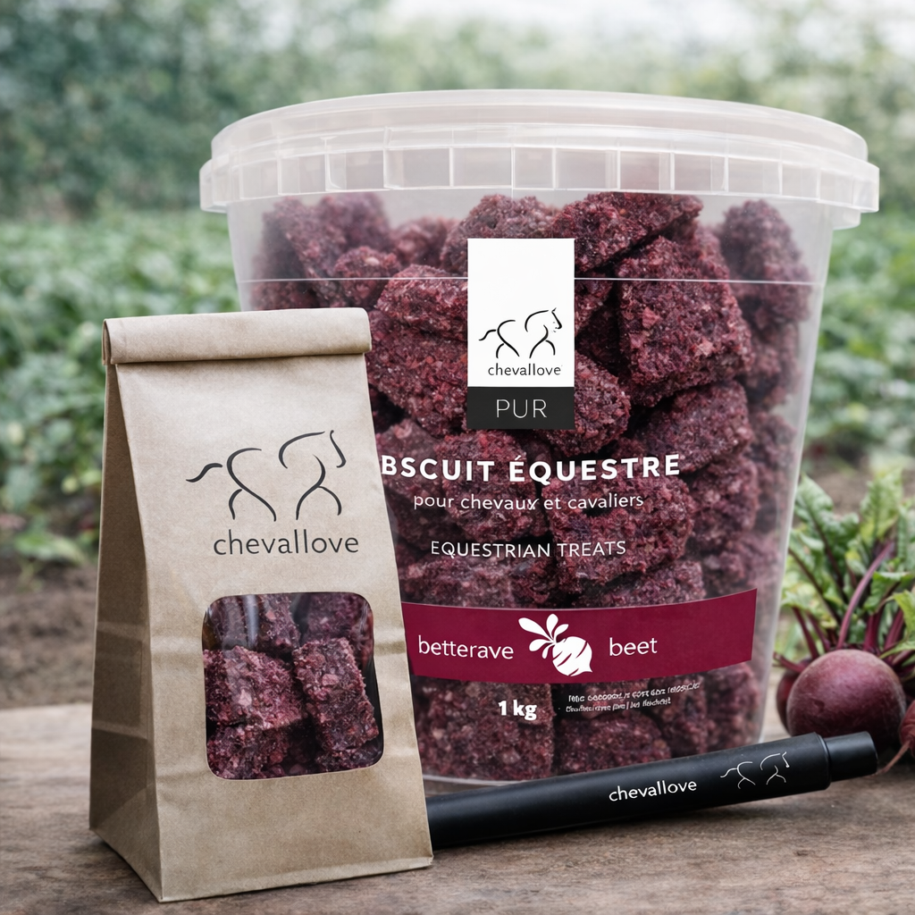 Un seau de 1kg de Biscuit équestre PUR à la betterave, avec un sachet de 100g et un stylo noir.